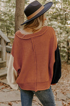 Desert Gold Colorblock Raw Edge Bubble Sleeve V Neck Sweater Sweaters cd75543d4413e56a