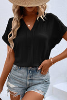 Black Notched Neck Batwing Sleeve Blouse Blouses cdddf8ab35d6b0ff