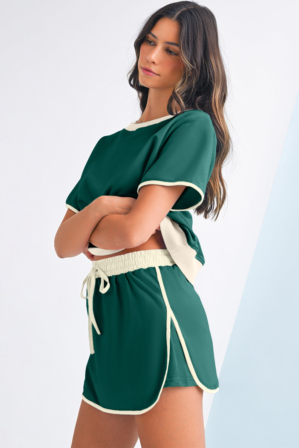 Evergreen Colorblock Edge Drop Shoulder T Shirt and Skort Set Two Piece Shorts Sets cddec06061ff2746