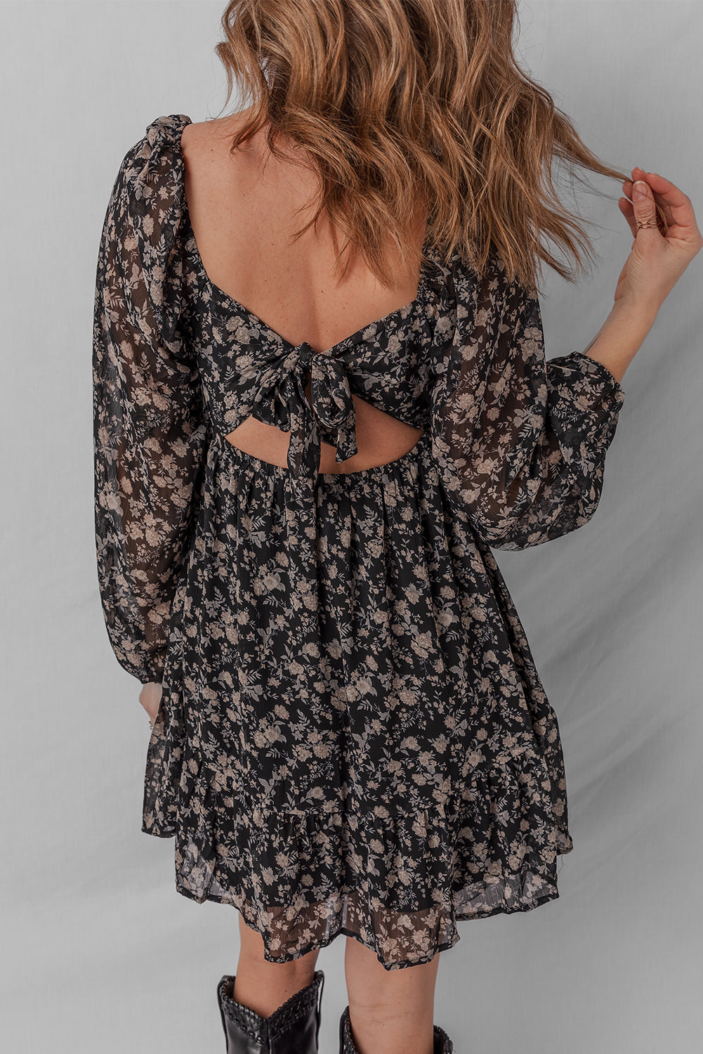 Black Floral Long Sleeve Frilly Shirred Square Neck Mini Dress Short Dresses cddf6d1cb8d98631