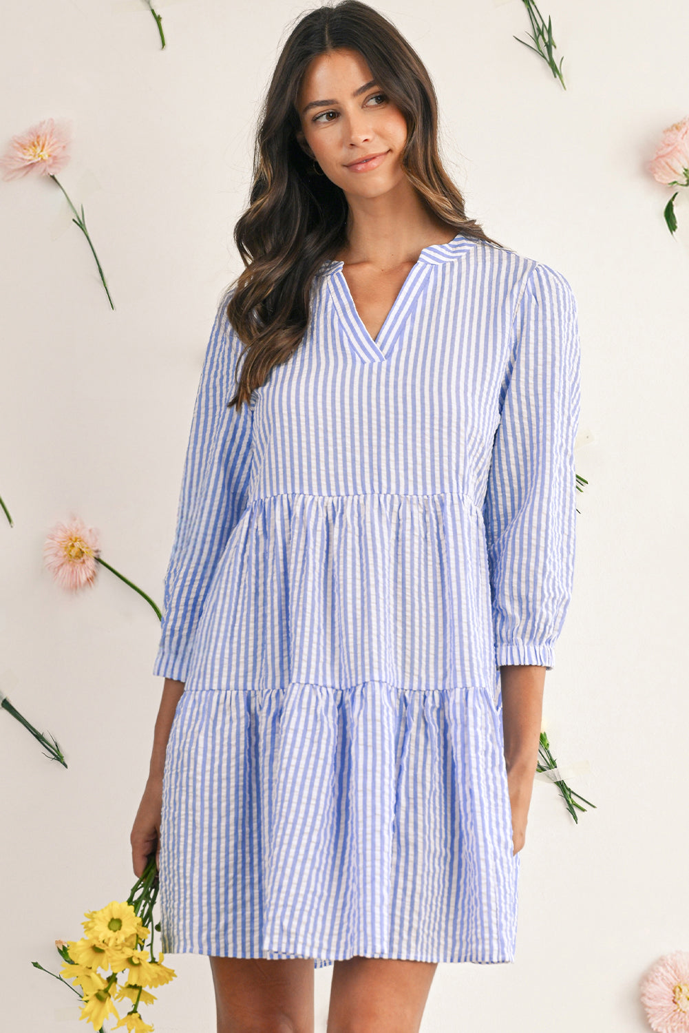 Sky Blue Striped Textured Bracelet Sleeve Tiered Mini Dress Short Dresses cde569c00df8dda8