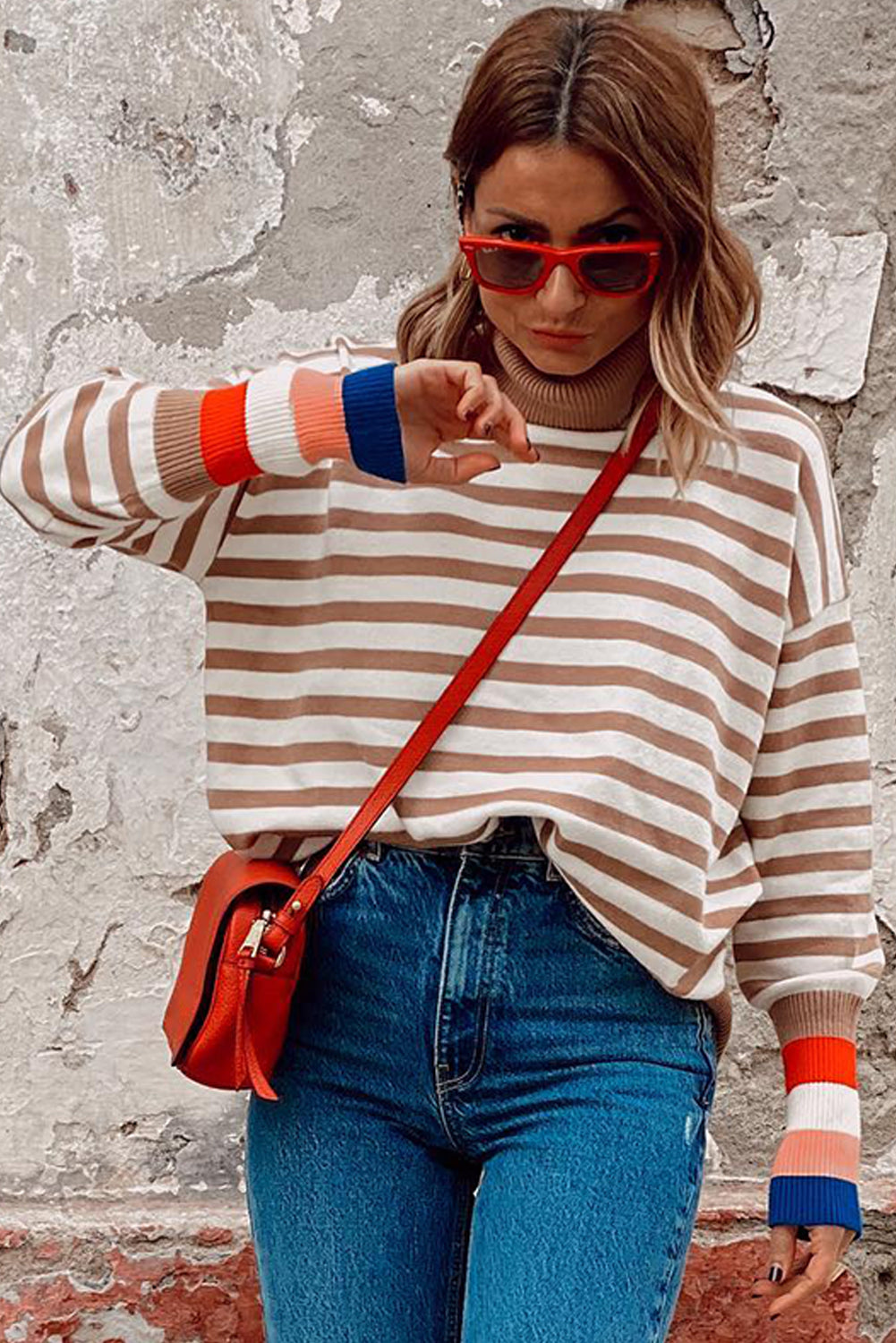 Brown Colorblock Bishop Sleeve Exposed Seam Ribbed Trim Sweater Sweaters cdf8b89945da75e5