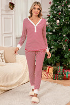 Red Stripe Buttoned V Neck Top and Knotted Waist Pants Pajama Set Loungewear Set ce06206590e259aa
