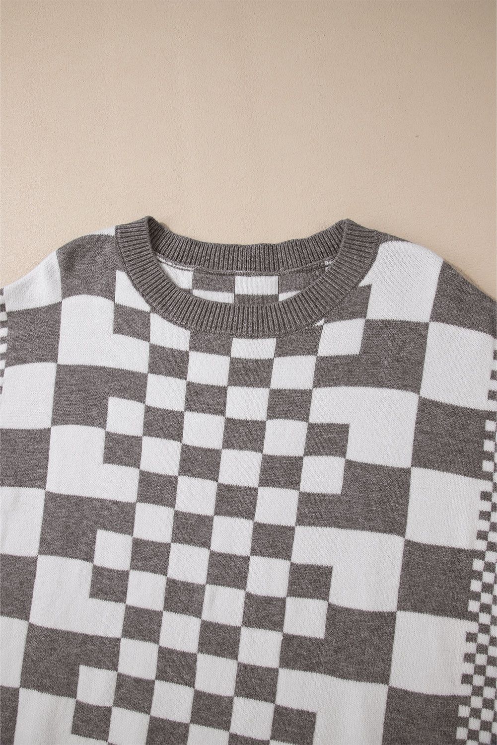 Gray Checkered Drop Shoulder Round Neck Sweater Sweaters ce08710286d6a84e