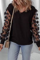 Black Flower Applique Mesh Long Sleeve V Neck Top Long Sleeve Tops ce20ad0e99e1629f