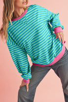 Blue Stripe Contrast Edge Cross Seam Oversized Pullover Sweatshirts & Hoodies ce39a271cf56be6d