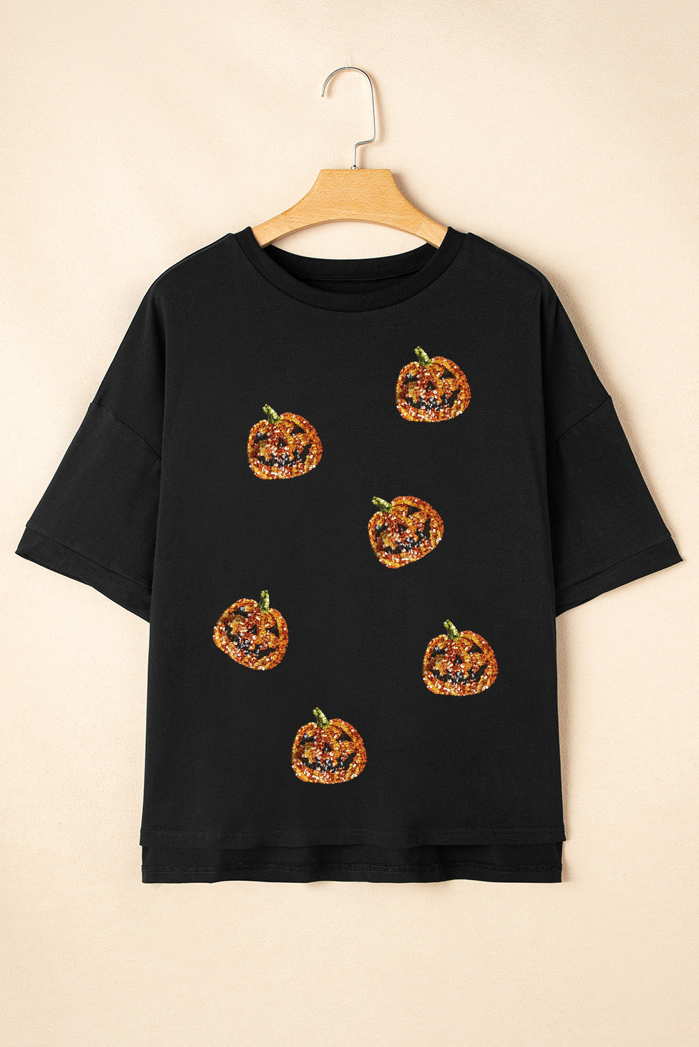 Black Pumpkin Face Sequins Patch Halloween Graphic Tee Graphic Tees ce4a74fdaccfe718