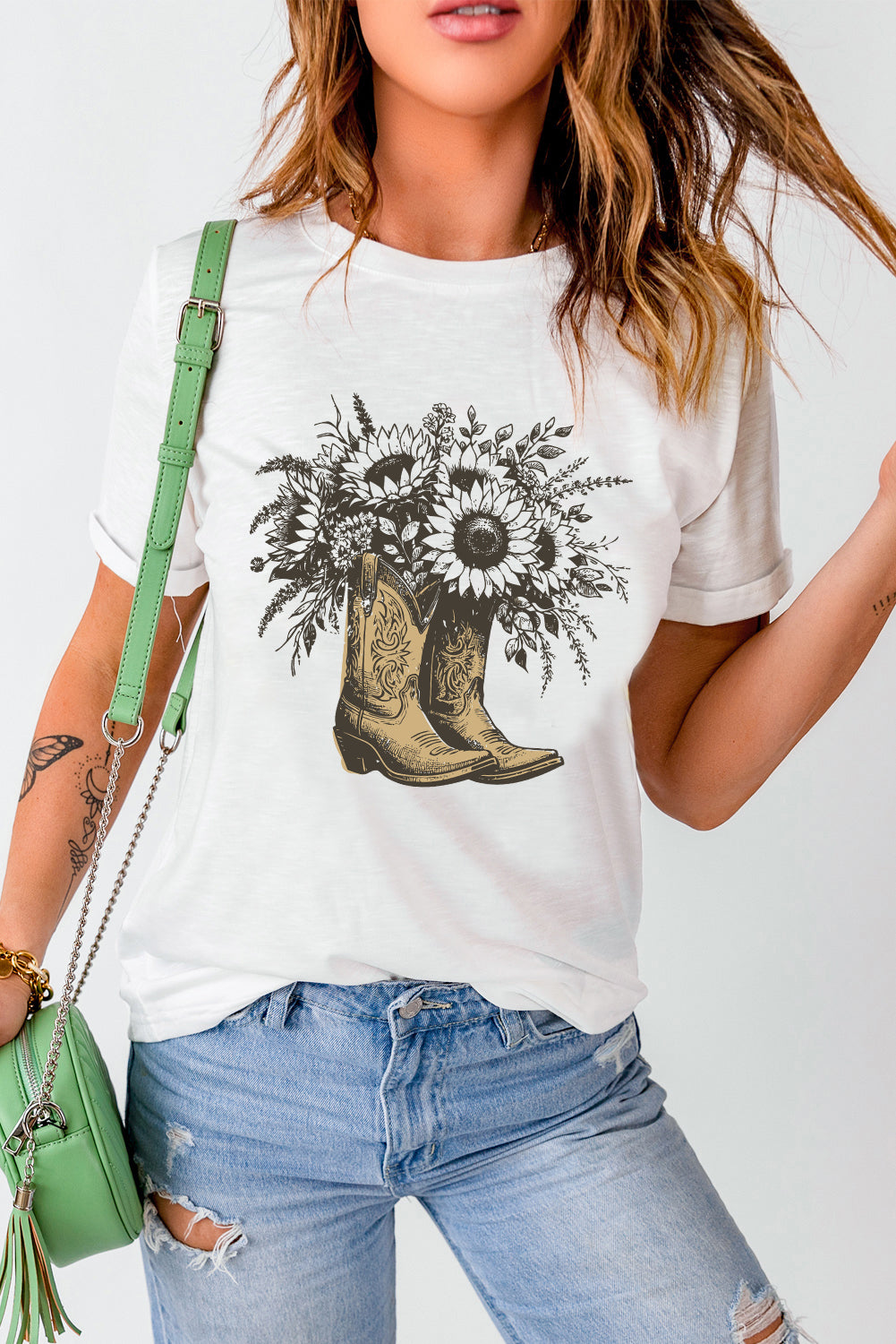 White Sunflower Boots Heat Transfer Printing Cotton Blend Graphic Tee Graphic Tees ce5620b7ddfbcf2a