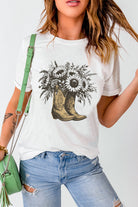 White Sunflower Boots Heat Transfer Printing Cotton Blend Graphic Tee Graphic Tees ce5620b7ddfbcf2a
