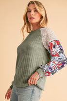 Laurel Green Floral Patchwork Raglan Sleeve Ribbed Blouse Long Sleeve Tops cec53fd0c92bbc75