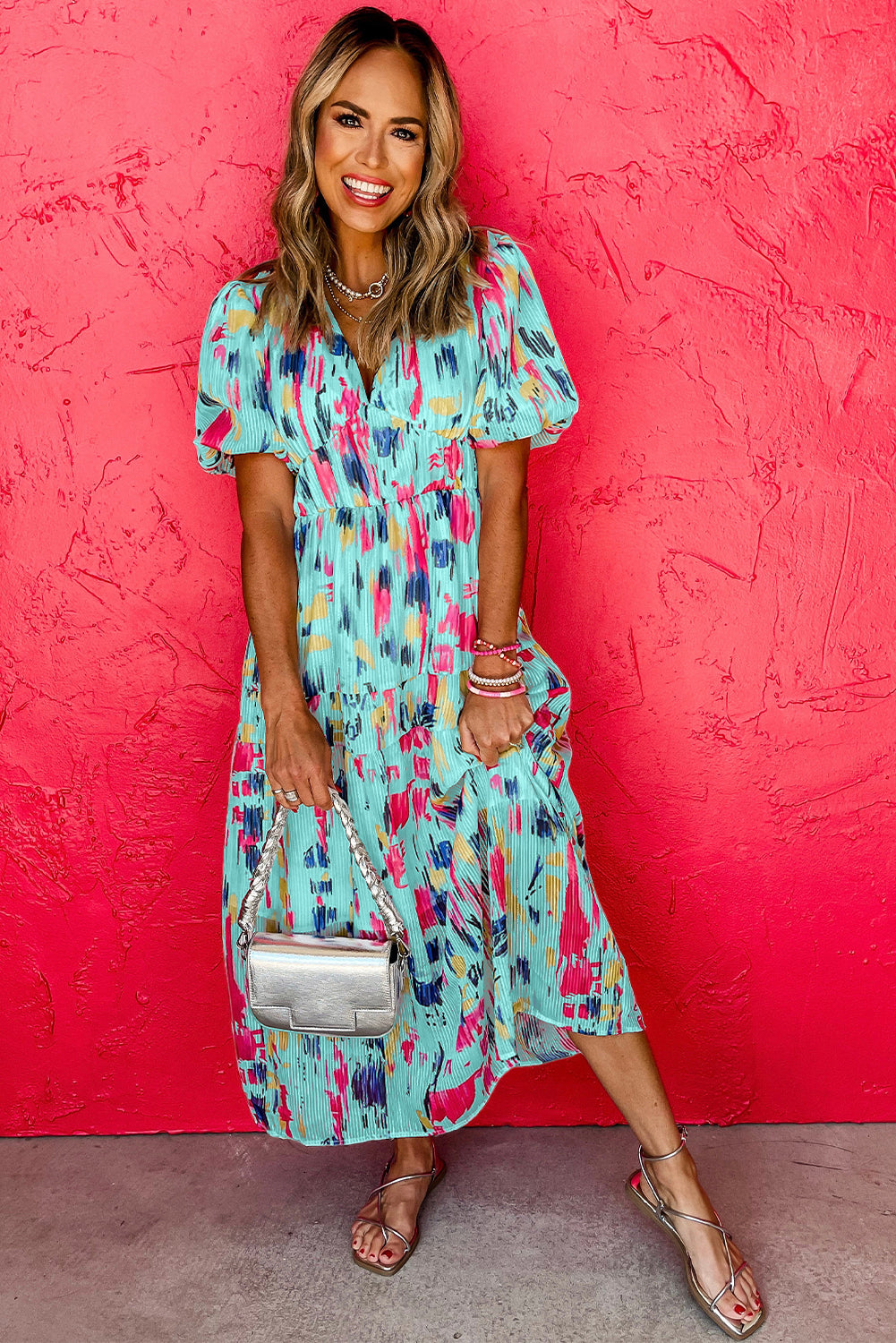 Sky Blue Abstract Print Short Puff Sleeve Tiered Maxi Dress Maxi Dresses cec5b9a5ad280340