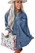 Blue Chest Pocket Raw Hem Denim Loose Shirt Dress Short Dresses ced3990db3e47ead