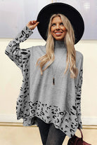 Gray Leopard Casual Side Slit High Neck Oversized Sweater Sweaters cee11ff2a67c18c8
