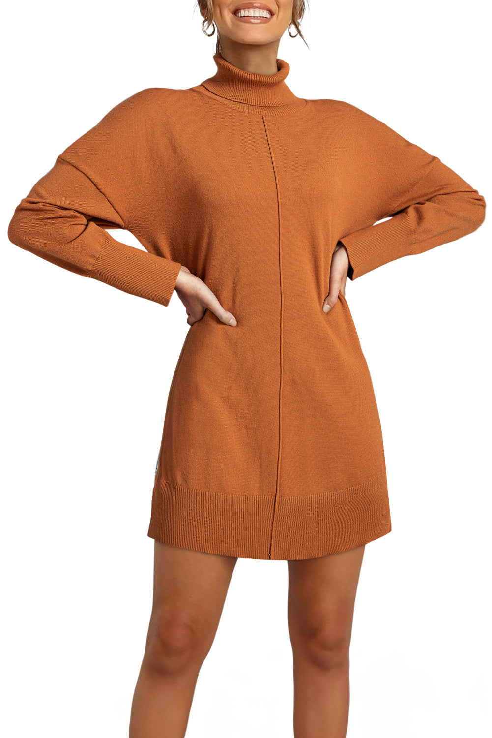 Gold Flame Solid Color Turtleneck Drop Shoulder Loose Sweater Dress Sweater Dresses cf0e8a074355e9b3