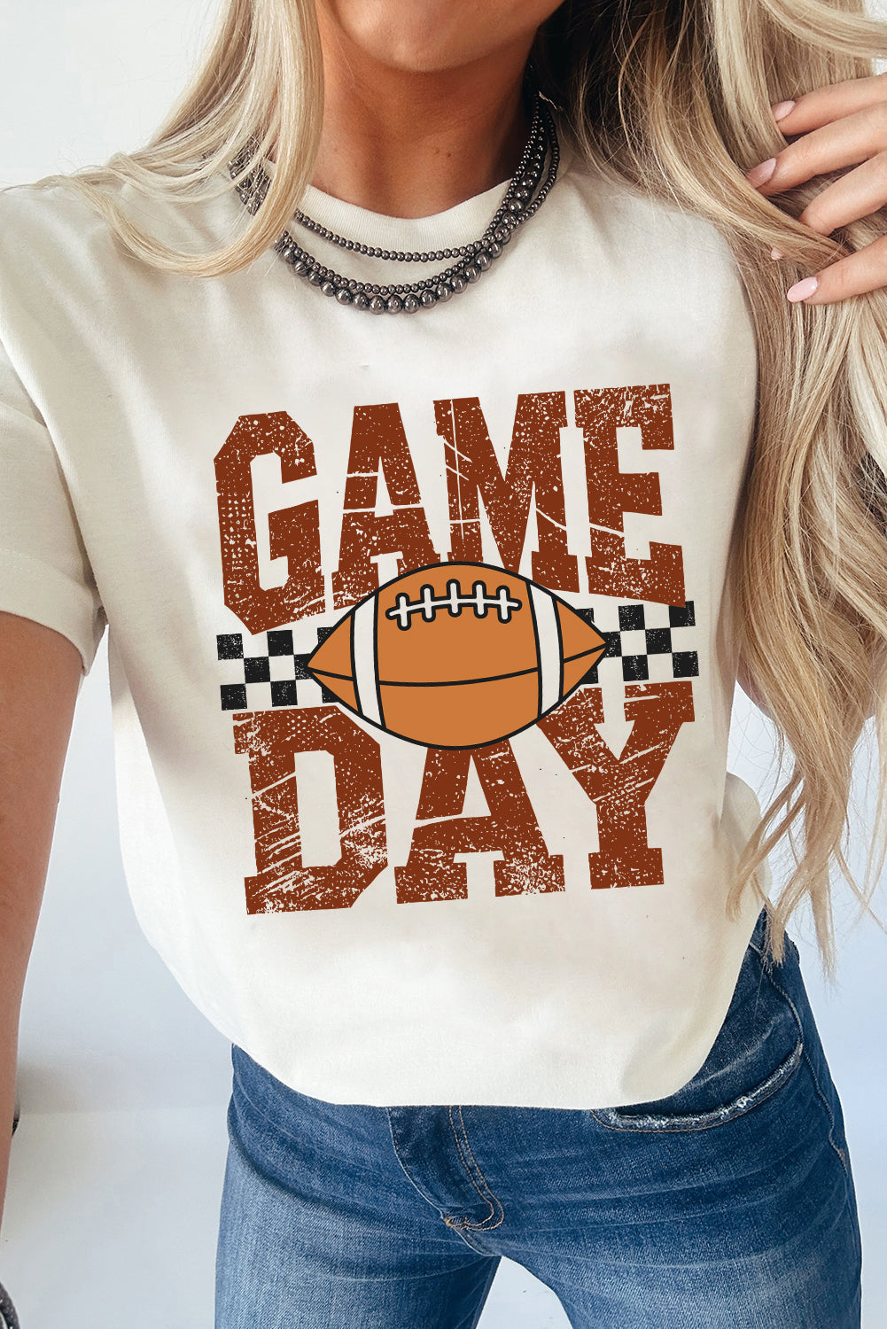 White GAME DAY Checkered Football Heat Transfer Printing Vintage Graphic Tee Graphic Tees cf1c1038d0050e2e