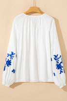 White Floral Embroidered Drawstring V Neck Blouse Blouses cf20b80b32ed98f4