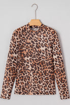 Brown Leopard Mock Neck Long Sleeve Mesh Top Long Sleeve Tops cf25a3760f2623e9