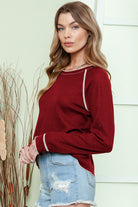 Red Exposed Seam Textured Pullover Long Sleeve Top Long Sleeve Tops cf25b7ced0648cb4