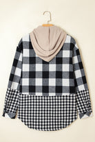 Black Plaid Patchwork Drawstring Hooded Raw Hem Shacket Jackets cf4e04d51bb6895c