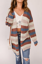 Dark Blue Color Block Striped Cut Out Knit Cardigan Cardigans cf63aea3e53e382b