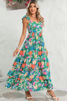 Green Boho Floral Print Ruffle Sleeveless Tiered Maxi Dress Maxi Dresses cf75535e8489ba1b