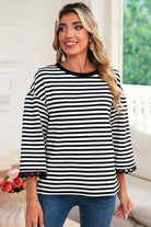 Sachet Pink Striped Round Neck Contrast Trim Bell Sleeve Top Long Sleeve Tops cf96052074fea75a