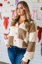 Khaki Checkered Ribbed Button Up Plus Size Cardigan Plus Size Sweaters&Cardigans cfb865447caeaf53