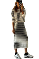 Black Stripe Ribbed Trim Button Cuff Top and Midi Skirt Outfit Two Piece Skirt Sets cfc4bb436bdaf7f3
