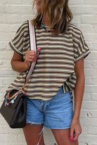 Green Stripe Textured Side Slit Crew Neck T Shirt T Shirts cfca6d35a67b1666