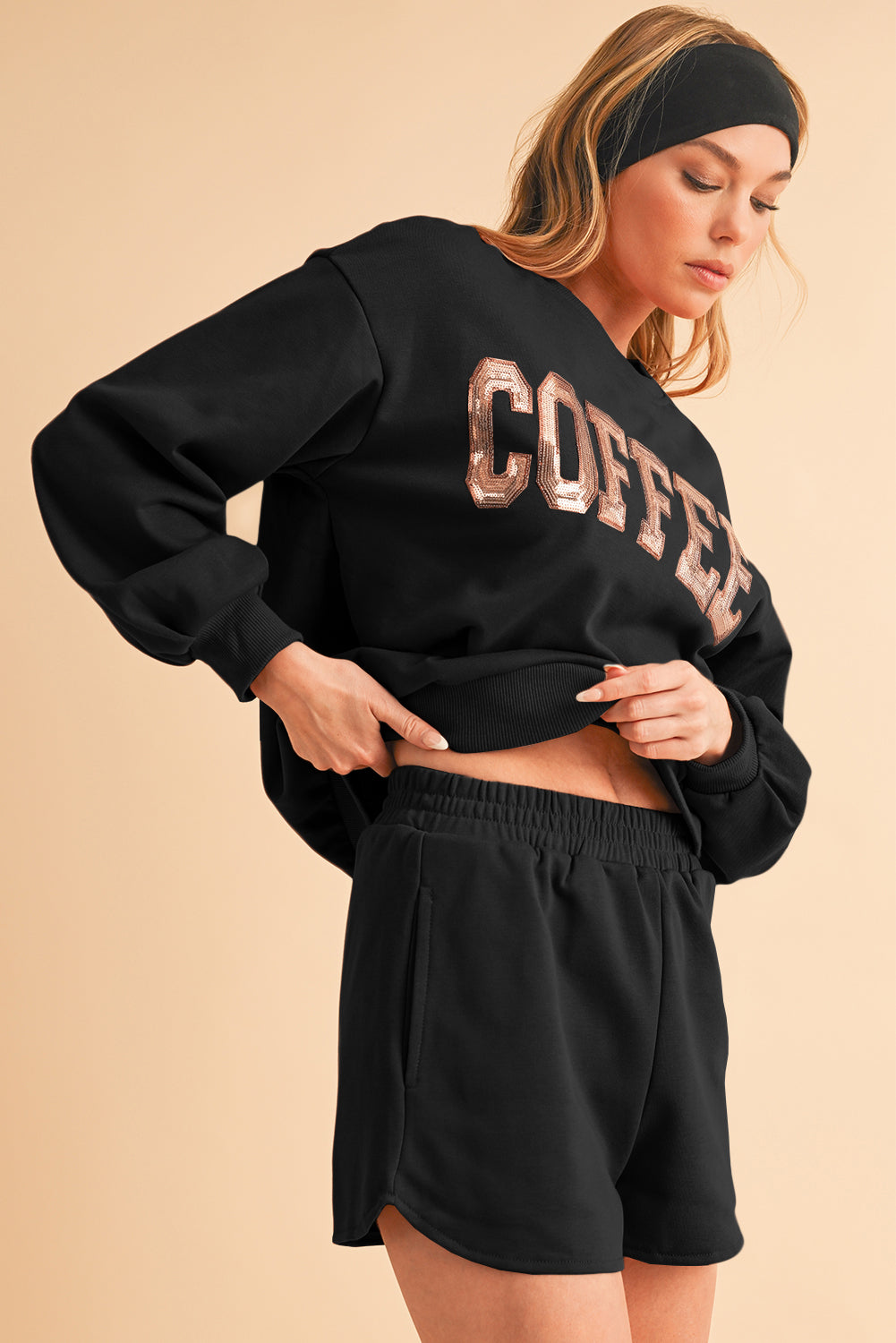 Straw Yellow Sequins COFFEE Loose Fit Sweatshirt and Shorts Set Two Piece Shorts Sets cfd5c605ab0d6db8