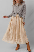 Oatmeal Embroidered Mesh Overlay Flowy Long Skirt Skirts cfde9de7254dc9fb