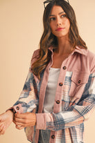 Light Pink Plaid Corduroy Patchwork Pocket Loose Shacket Jackets d0193ee8038499cb