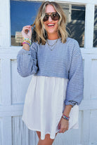 Sky Blue Stripe Patchwork Pleated High Waist Loose Mini Dress Short Dresses d0237d588561d0ed