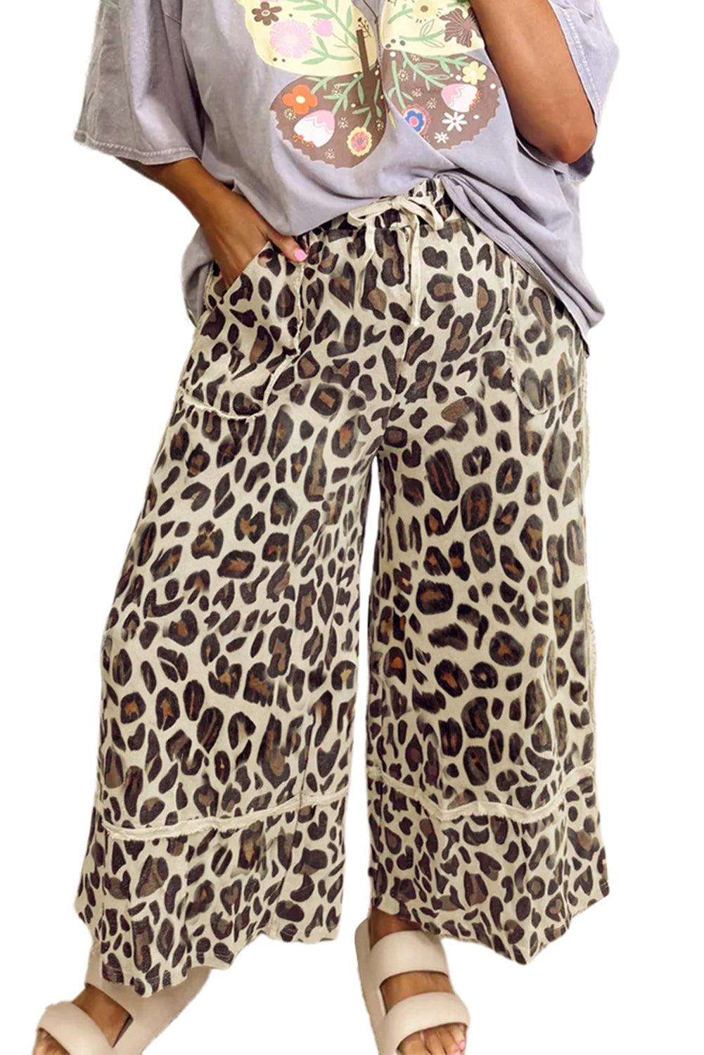 Khaki Leopard Drawstring Wide Leg Cropped Pants Pants d05f2f903736db98