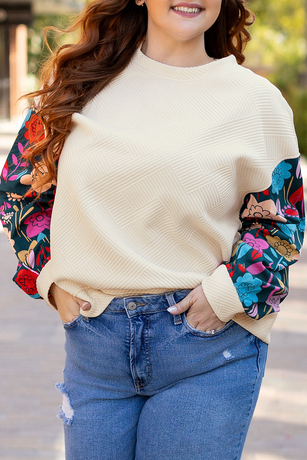 White Floral Patchwork Sleeve Textured Plus Size Pullover Top Plus Size Tops d072bbb371145c8b