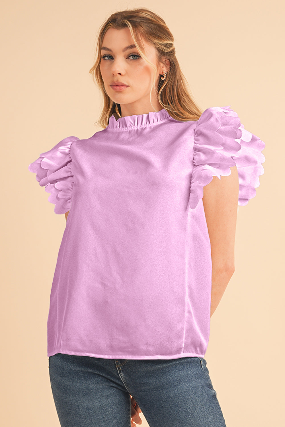 Bright Pink Solid Scalloped Ruffle Sleeve Blouse Blouses d076dbaa8b34db46