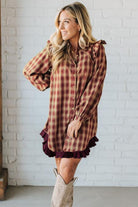 Red Plaid Print Ruffled Long Sleeve Patchwork Hem Mini Shirt Dress Short Dresses d0797f9de9d4398f