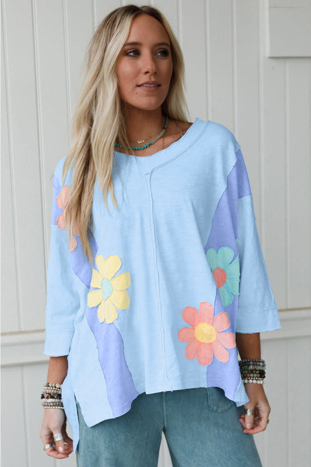 Light Blue Flower Patched Exposed Seam 3/4 Sleeve top Long Sleeve Tops d07ae9fccbb6b0e0