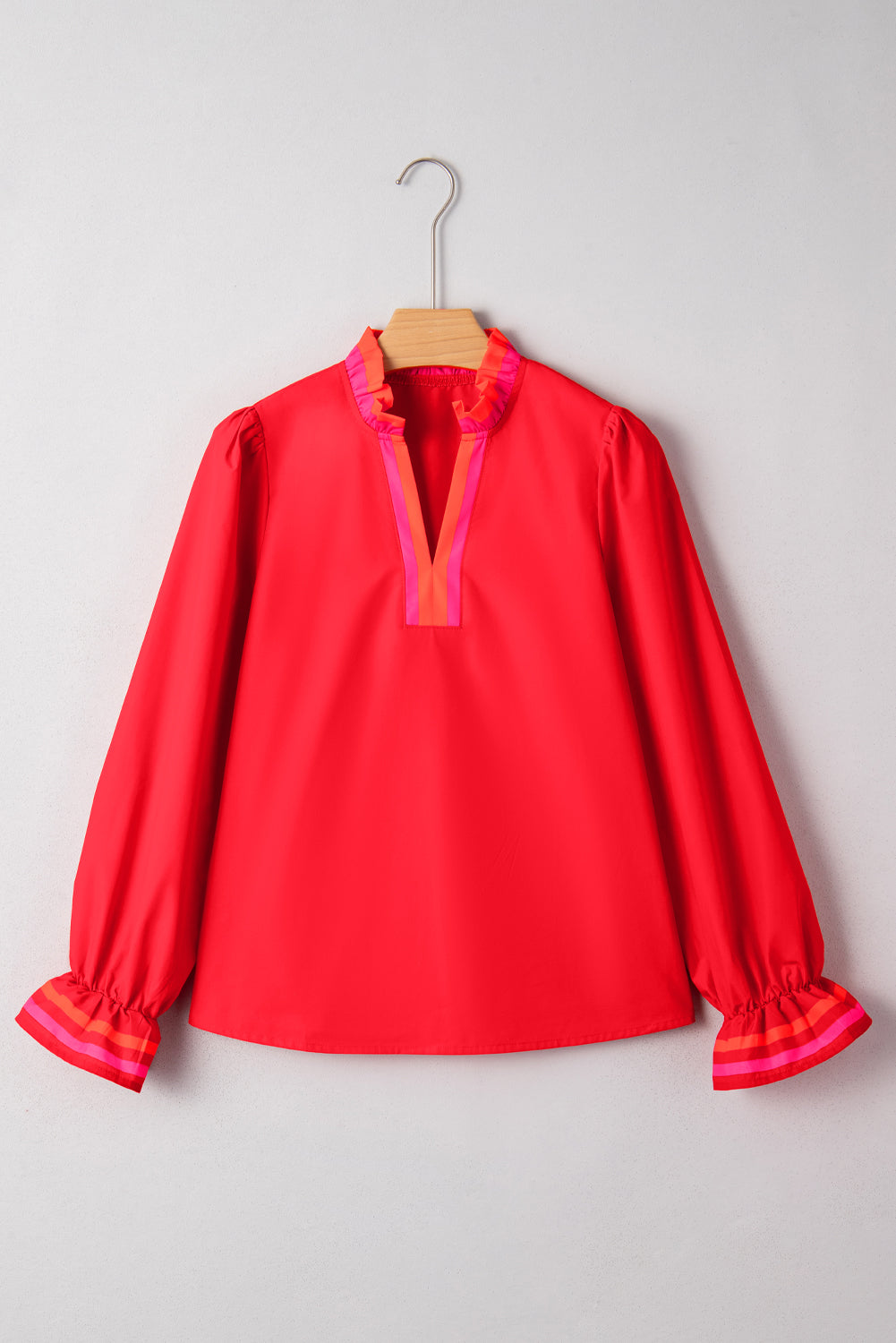 Fiery Red Striped Trim Ruffle Split Neck Long Sleeve Blouse Blouses d08df0d78cda6f7c