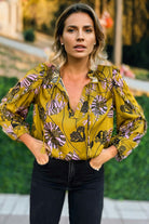 Yellow Vintage Floral V Neck Ruffle Trim Long Sleeve Blouse Blouses d0b177a066671eeb