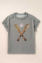 Medium Grey Ribbed Knit Sequin Baseball Graphic T Shirt Graphic Tees d0b51e9dd8603d09