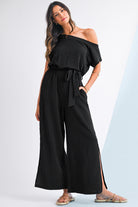 Black Checkered Mesh One Shoulder Short Sleeve Knotted Waist Jumpsuit Jumpsuits d1152f82e8f9fc27