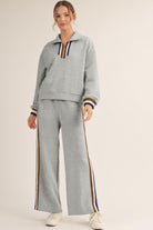 Gray Striped Patchwork Quarter Zip Pullover Loose Pants Set Two Piece Pants Sets d12d9a3ff5fede33