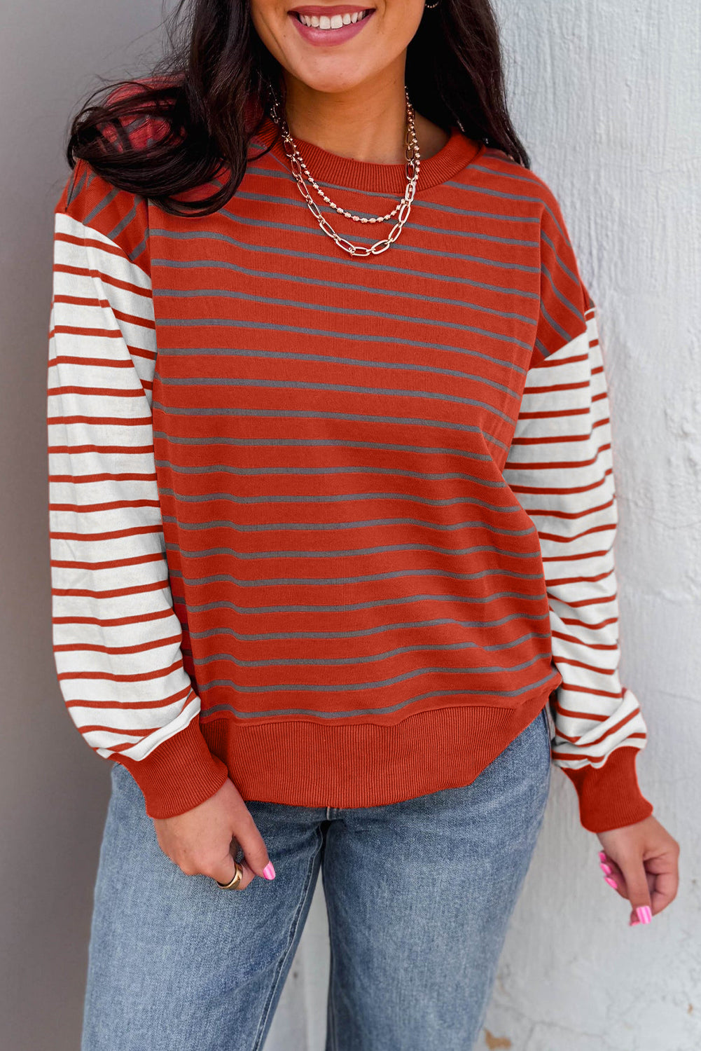 Orange Stripe Contrast Sleeve Patchwork Drop Shoulder Long Sleeve Sweatshirt Sweatshirts & Hoodies d14704b7cefd3fa2