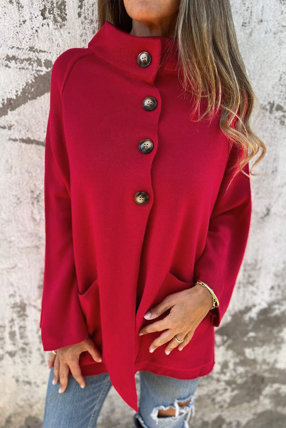Fiery Red Solid Color Mock Collar Loose Jacket Jackets d15f2f6eef74996a