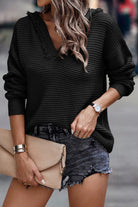 Black Split V Neck Pullover Knit Hooded Sweater Sweaters d1785e1b6bd1dd3f