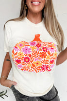 White Floral Pumpkin Heat Transfer Printing Graphic Tee Graphic Tees d18734900bf2d02f