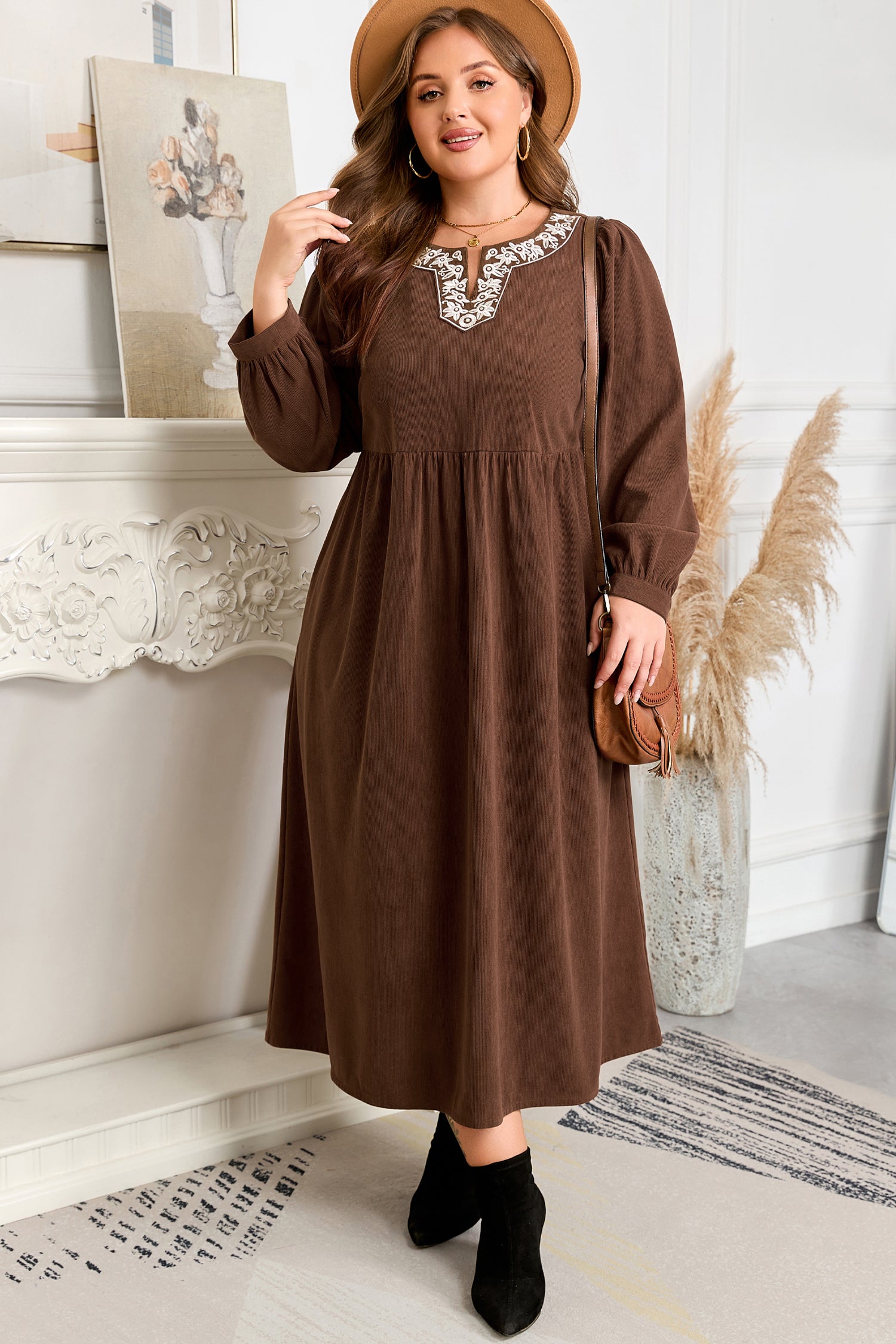 Coffee Embroidered Notched Neckline Textured Pleated High Waist Plus Size Midi Dress Plus Size Midi Dresses d19c83895e28952c