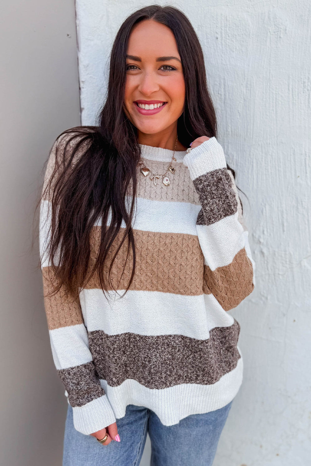 Brown Mixed Texture Knit Striped Colorblock Loose Sweater Sweaters d216a2b121e1b0c2