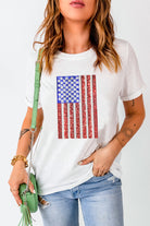 White Shimmery USA Flag Graphic Round Neck Tee Graphic Tees d240cac901935cb6